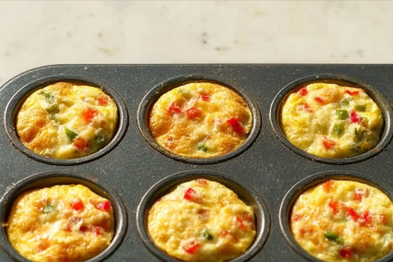 Breakfast Egg Muffins 4 Delicious breakfast egg muffins topped with vegetables and cheese