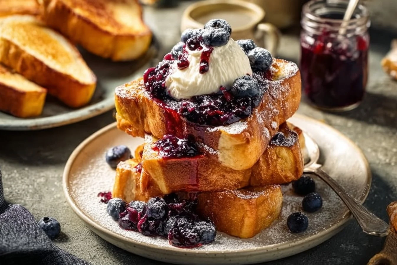 Delicious brioche French toast topped with homemade blueberry compote.