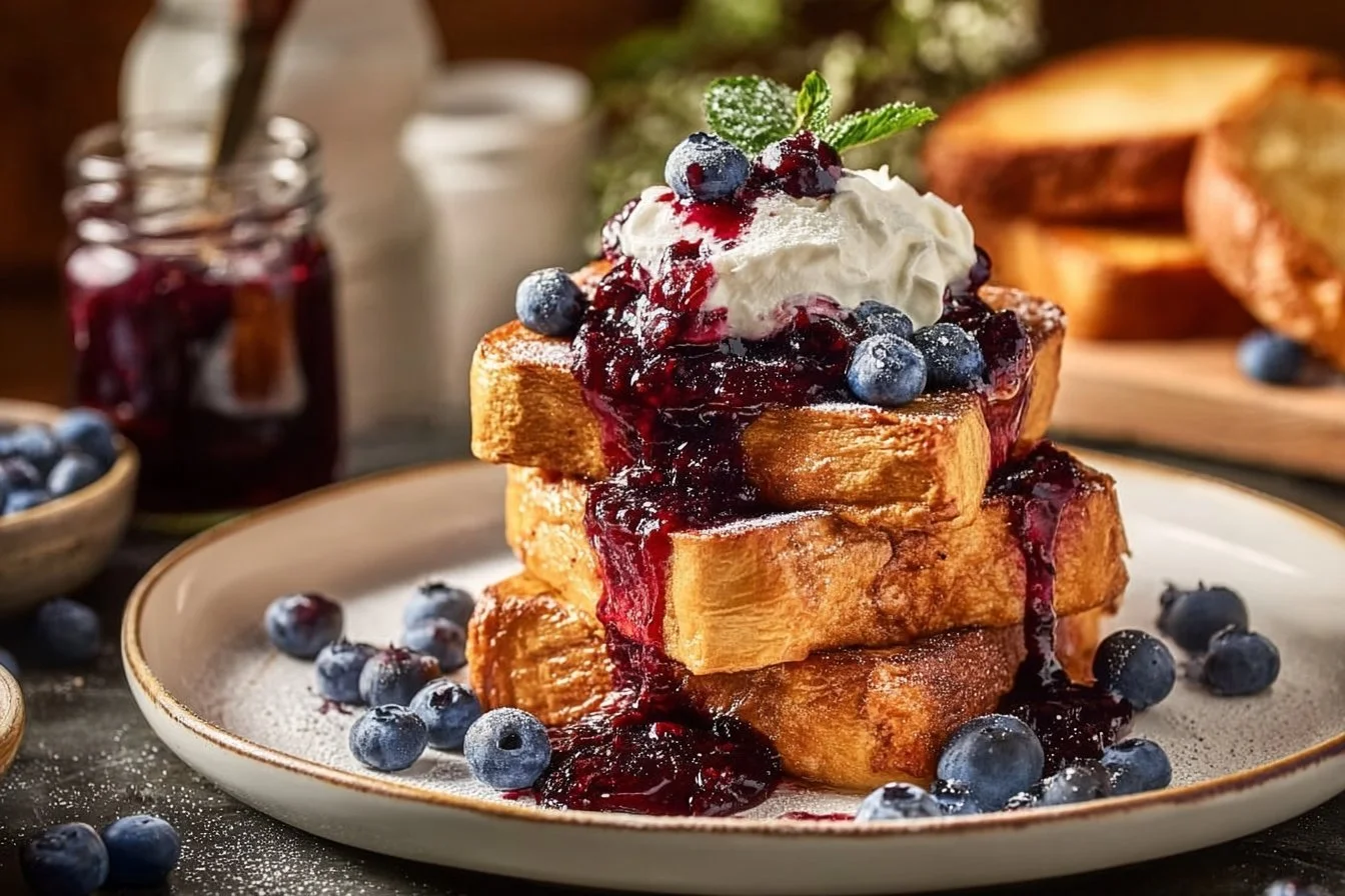 Brioche French Toast with blueberry compote served on a plate