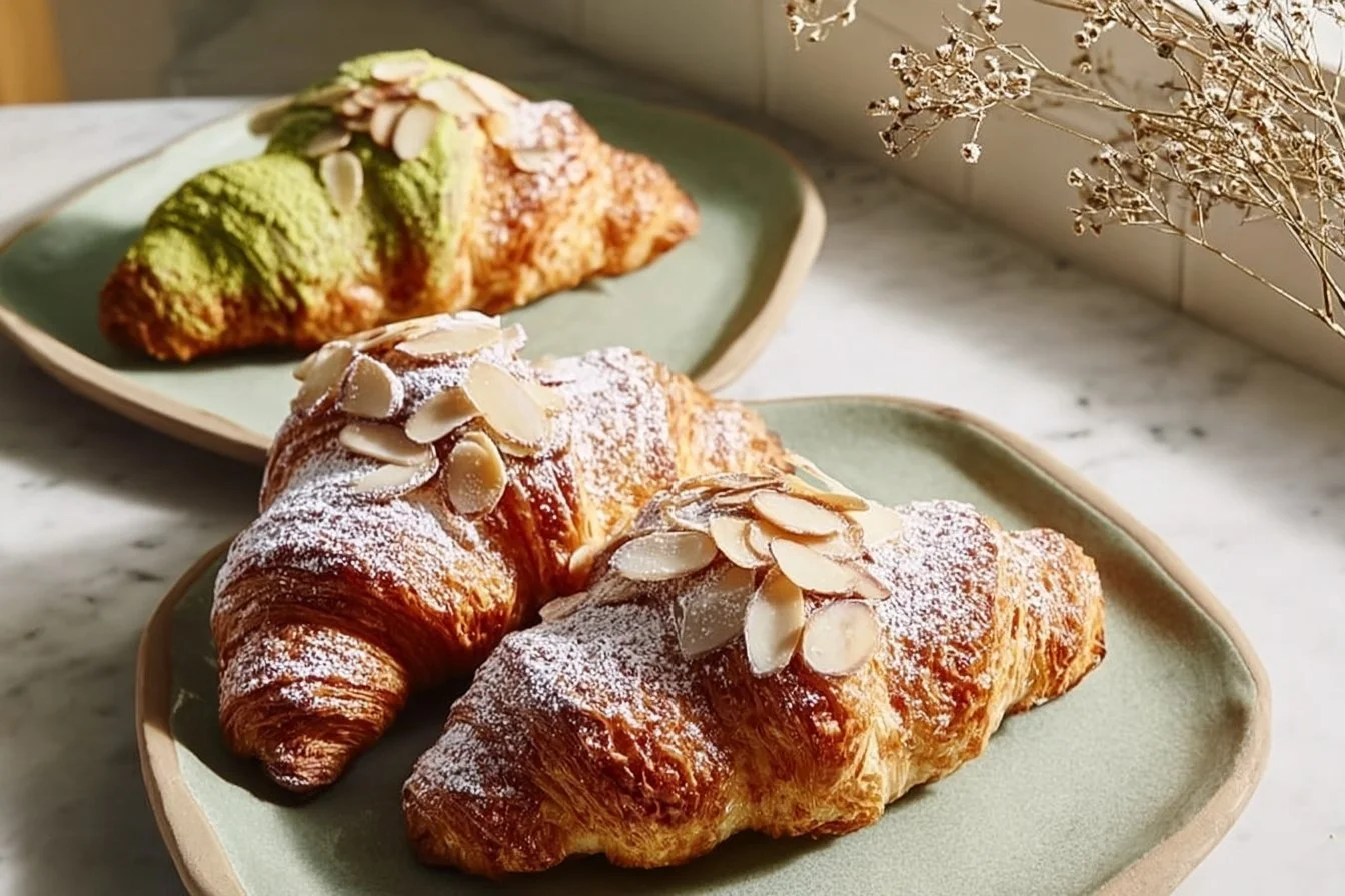Buttery matcha croissants with a flaky golden crust and vibrant green filling.