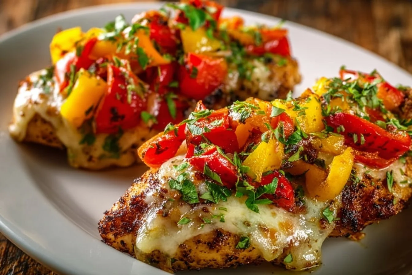 Cheesy baked chicken breast with colorful peppers on a plate