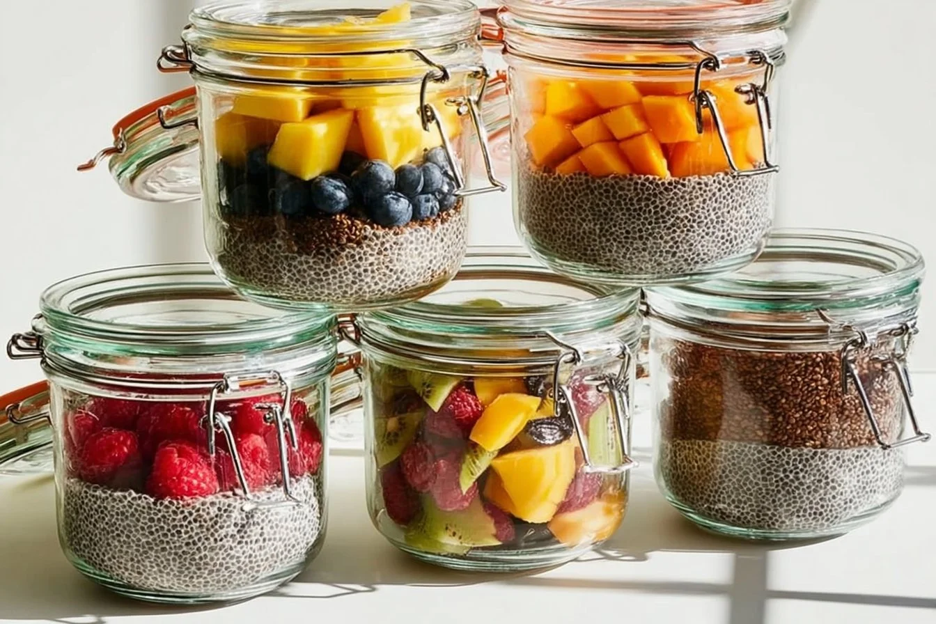 Delicious chia pudding topped with fruits, healthy and nutritious dessert option.