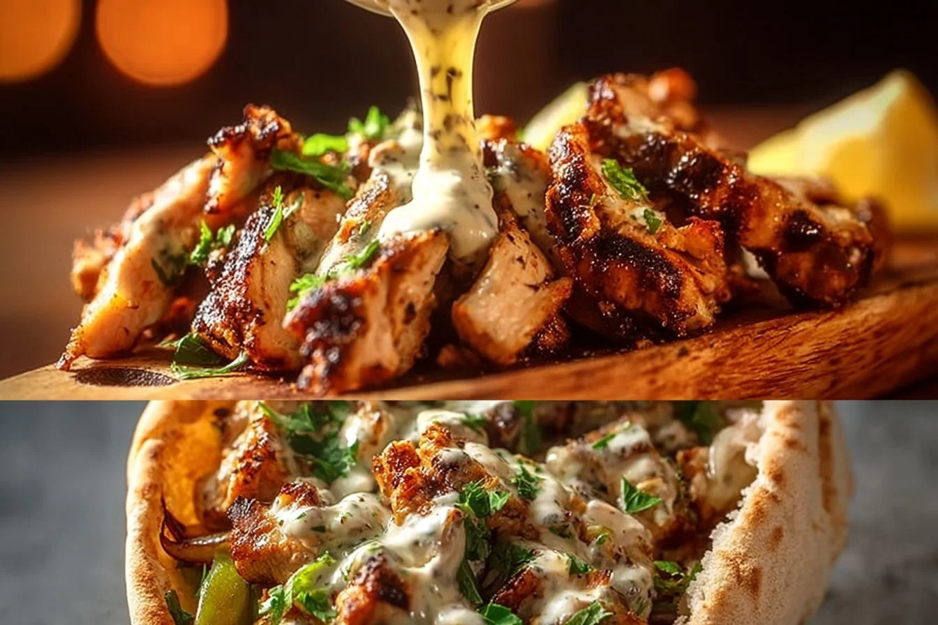 Chicken Shawarma topped with creamy garlic sauce served in pita bread