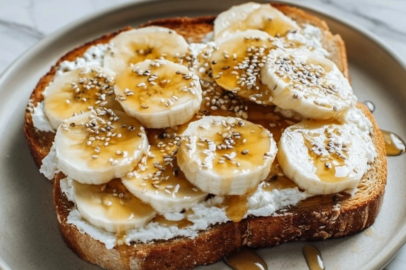 Cottage Cheese and Banana Toast on a wooden plate with fresh banana slices
