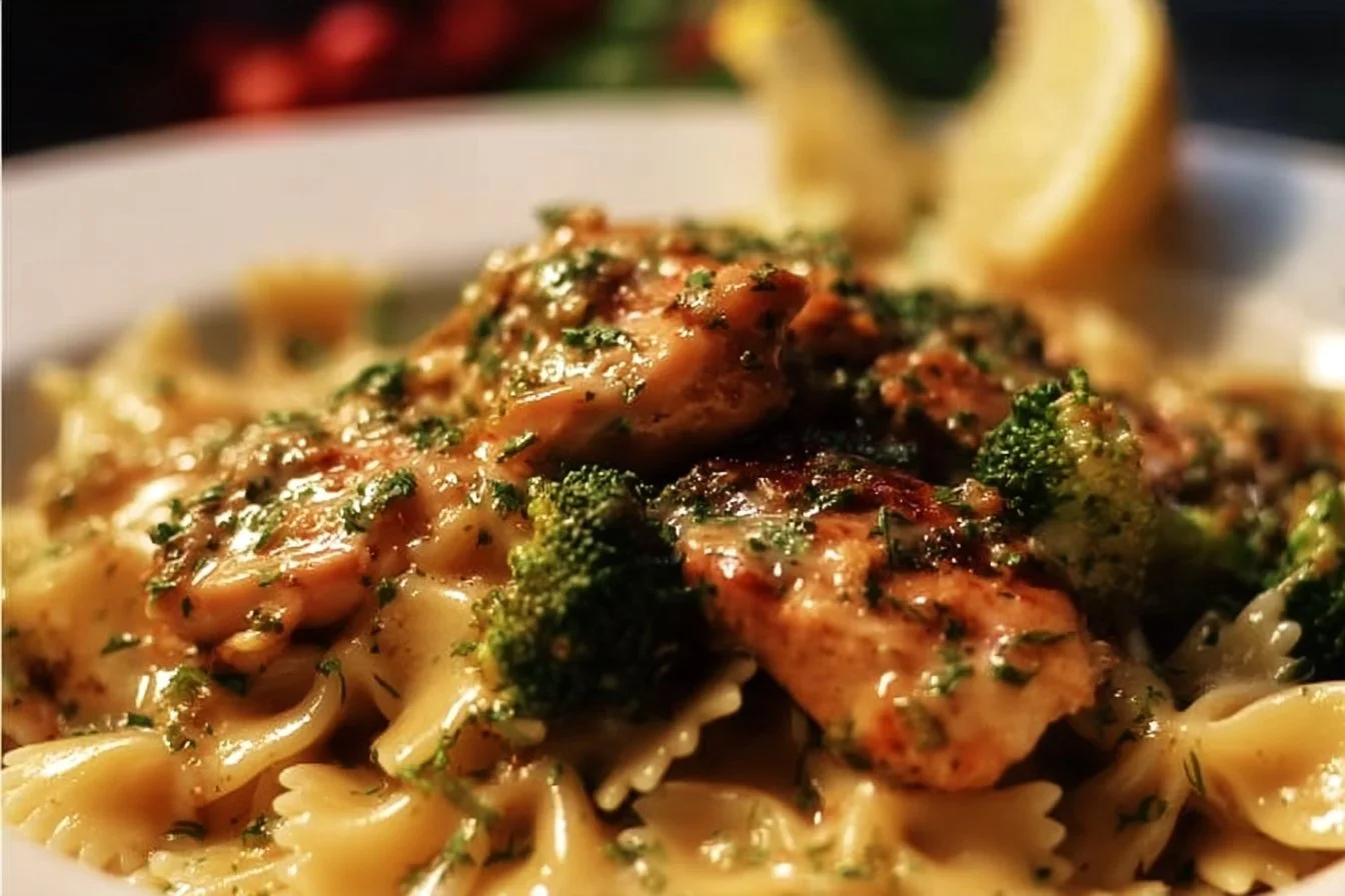 Cowboy Butter Lemon Bowtie Chicken with Broccoli 1 Cowboy Butter Chicken with Lemon and Bowtie Pasta served with Broccoli