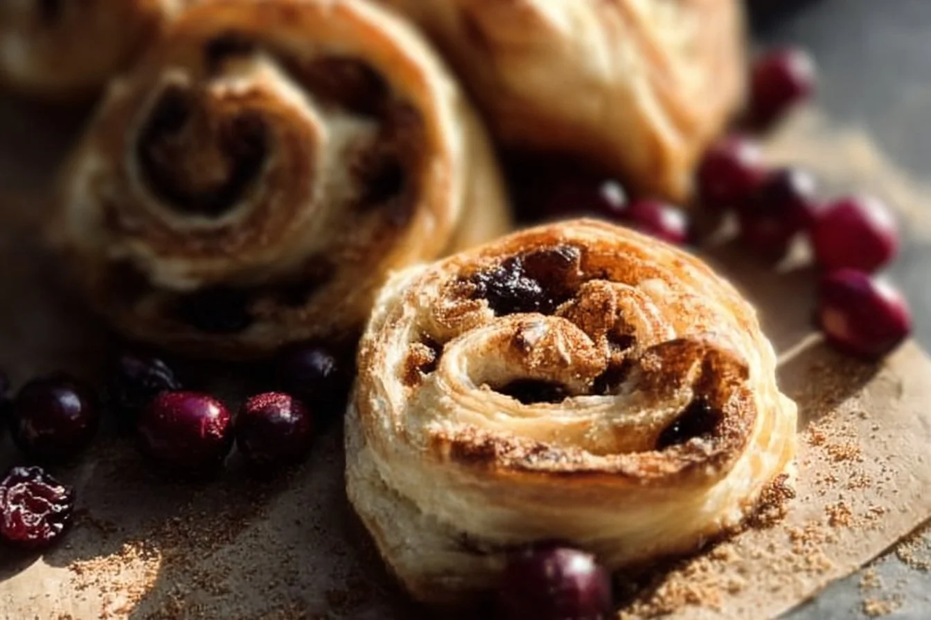 Cranberry goat cheese puff pastry swirls on a plate garnished with fresh herbs.