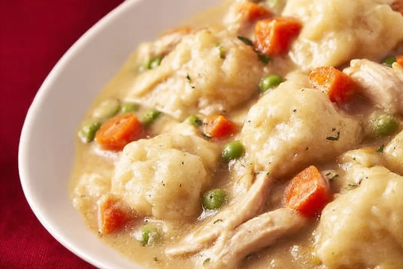 Creamy crockpot chicken and dumplings served in a bowl with fresh herbs.