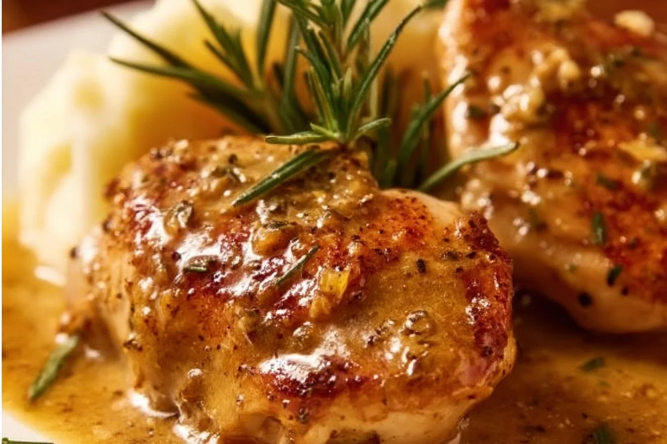 Creamy garlic chicken served with herbs and vegetables in a white plate