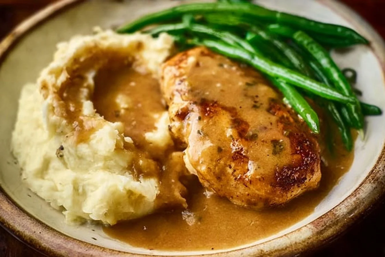 Delicious creamy garlic chicken served with herbs and a creamy sauce.