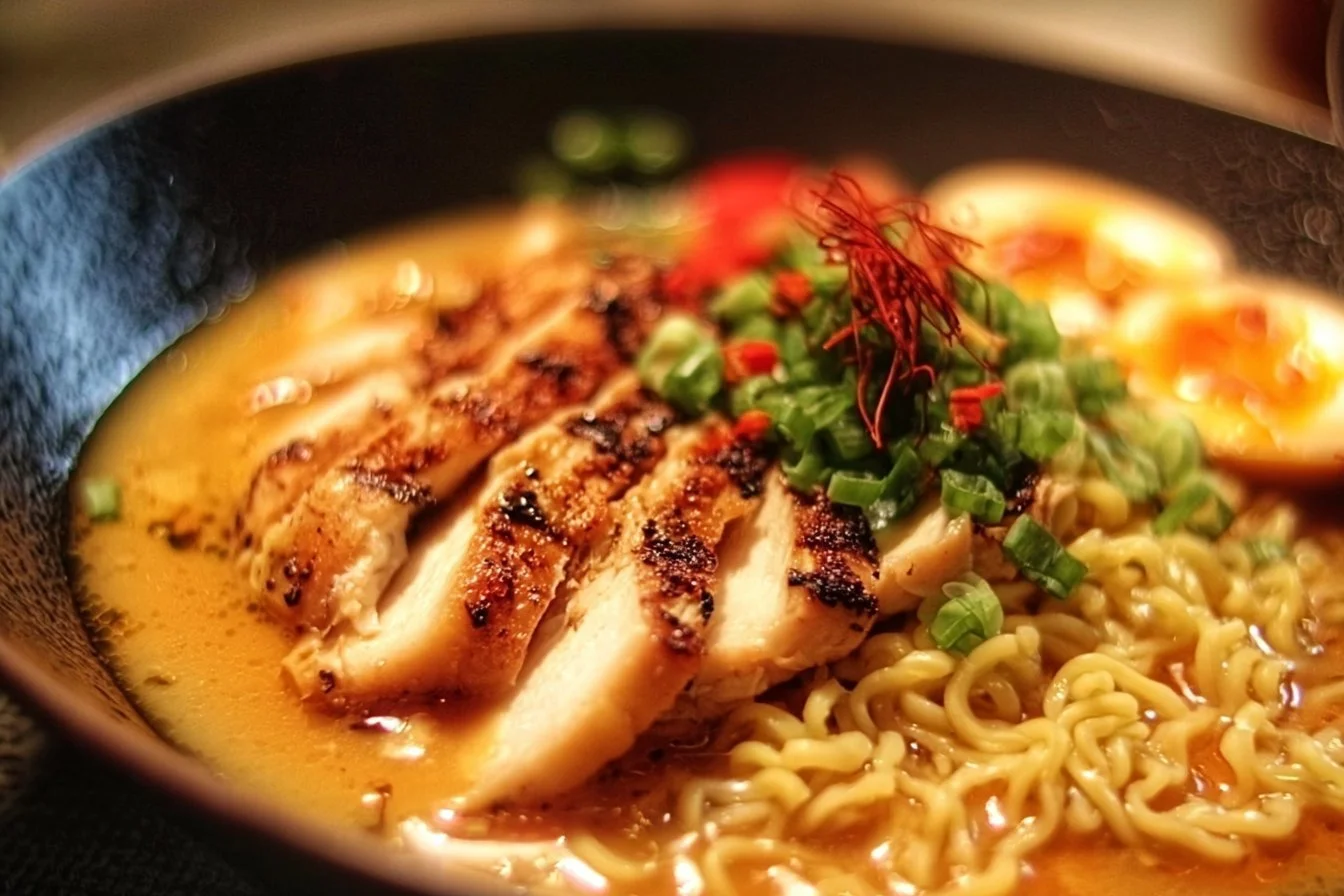 Creamy garlic chicken ramen in a bowl garnished with green onions and herbs.