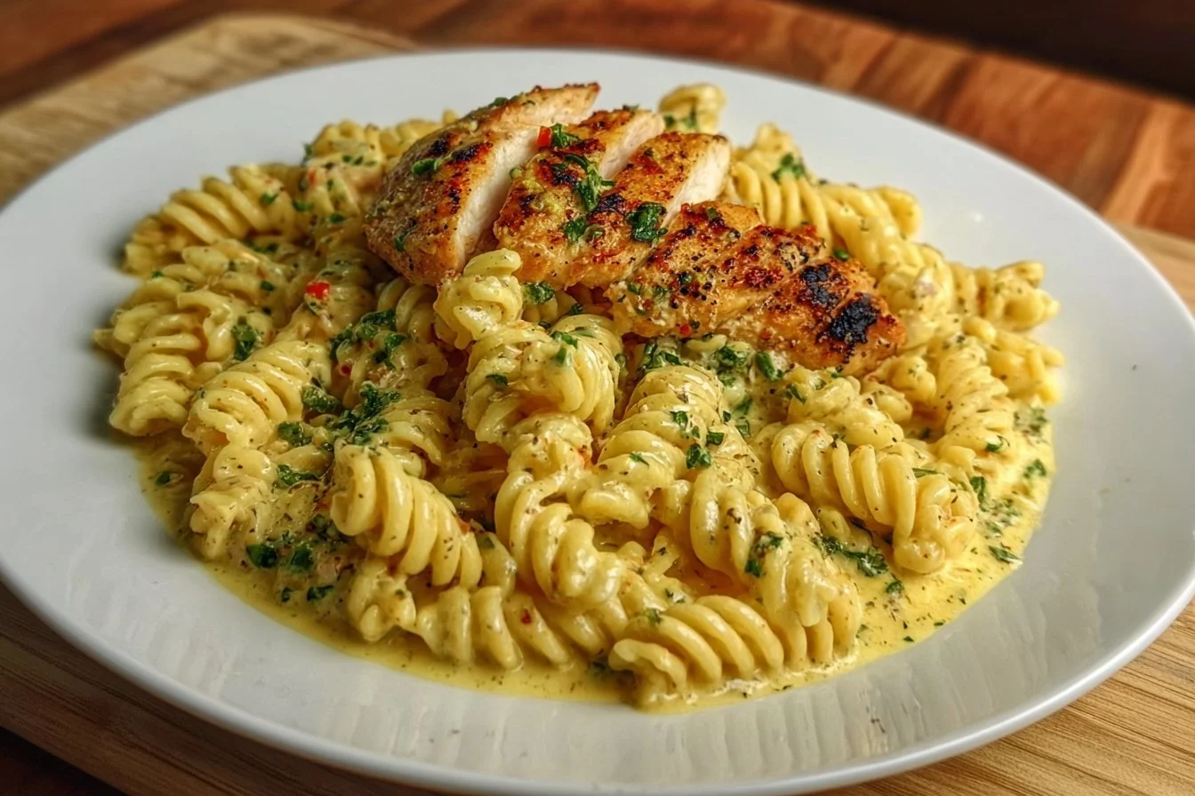 Creamy garlic parmesan chicken pasta dish with chicken and herbs