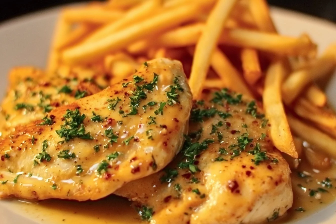 Creamy Garlic-Parmesan Chicken served with crispy fries