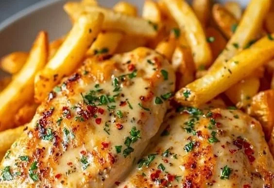 Creamy Garlic-Parmesan Chicken with Fries