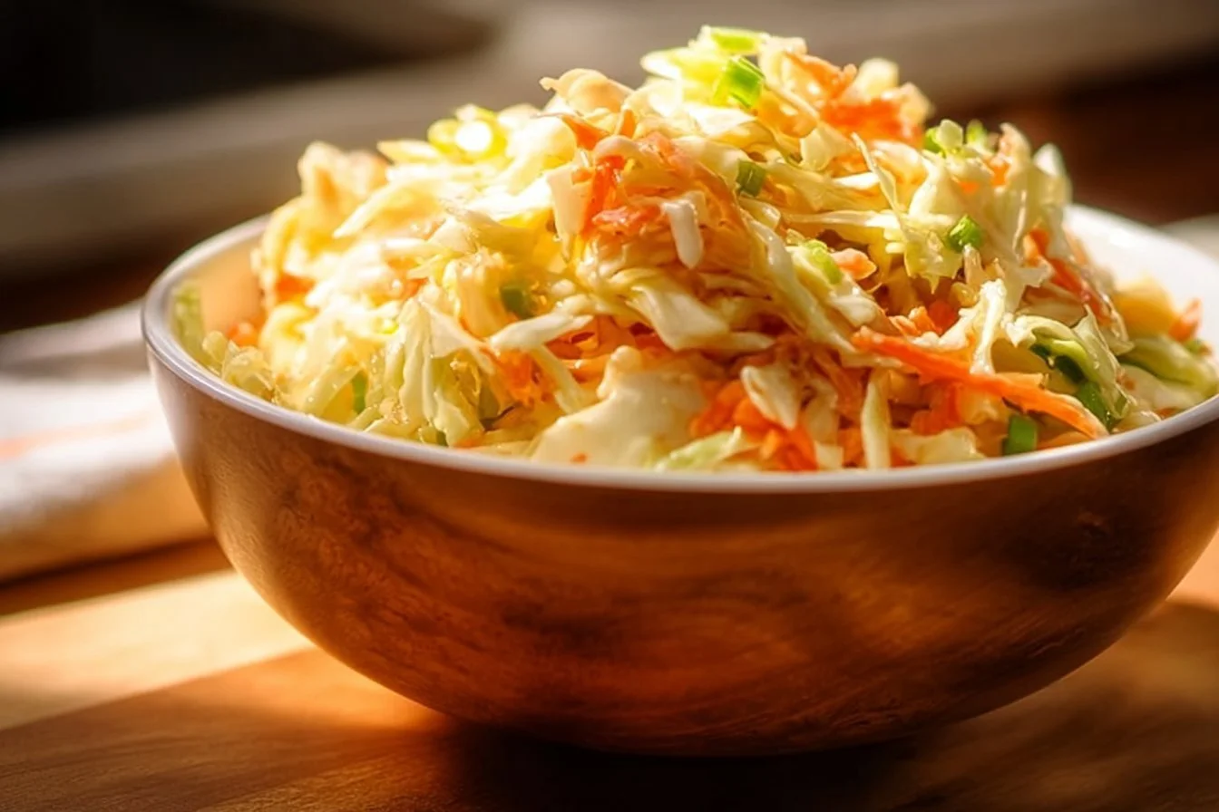 Creamy honey coleslaw dressing in a bowl with fresh vegetables
