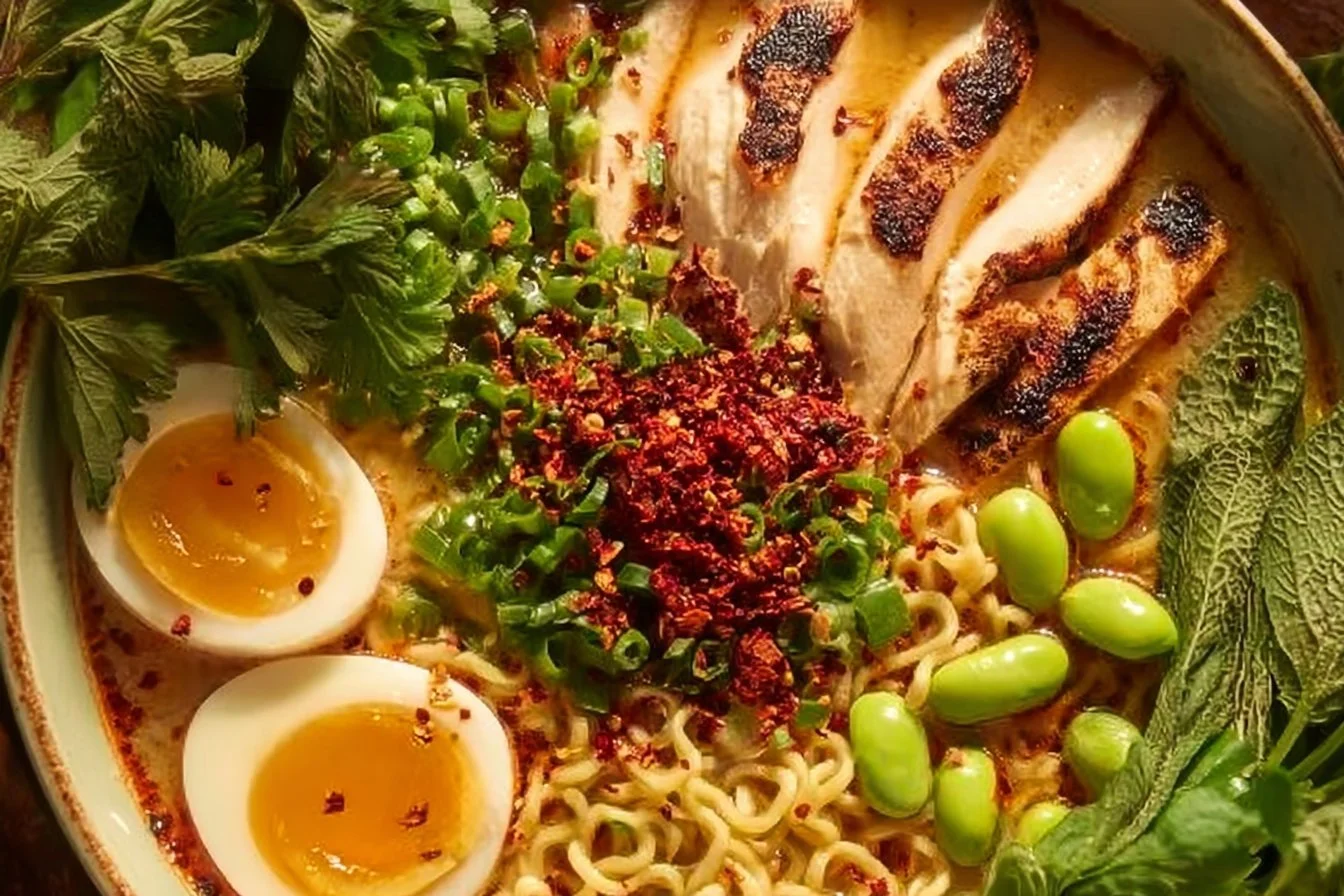 Bowl of creamy Marry Me Chicken Ramen garnished with fresh herbs.