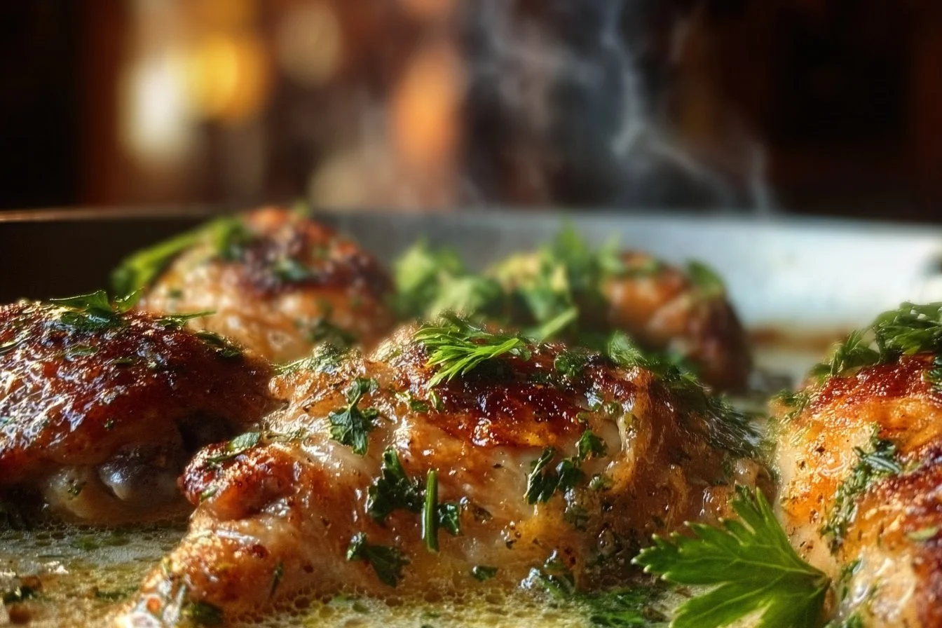 Creamy oven baked chicken thighs garnished with herbs on a plate