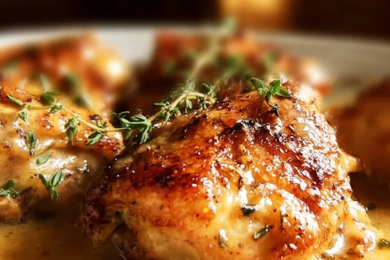 Creamy oven baked chicken thighs plated with herbs and side vegetables