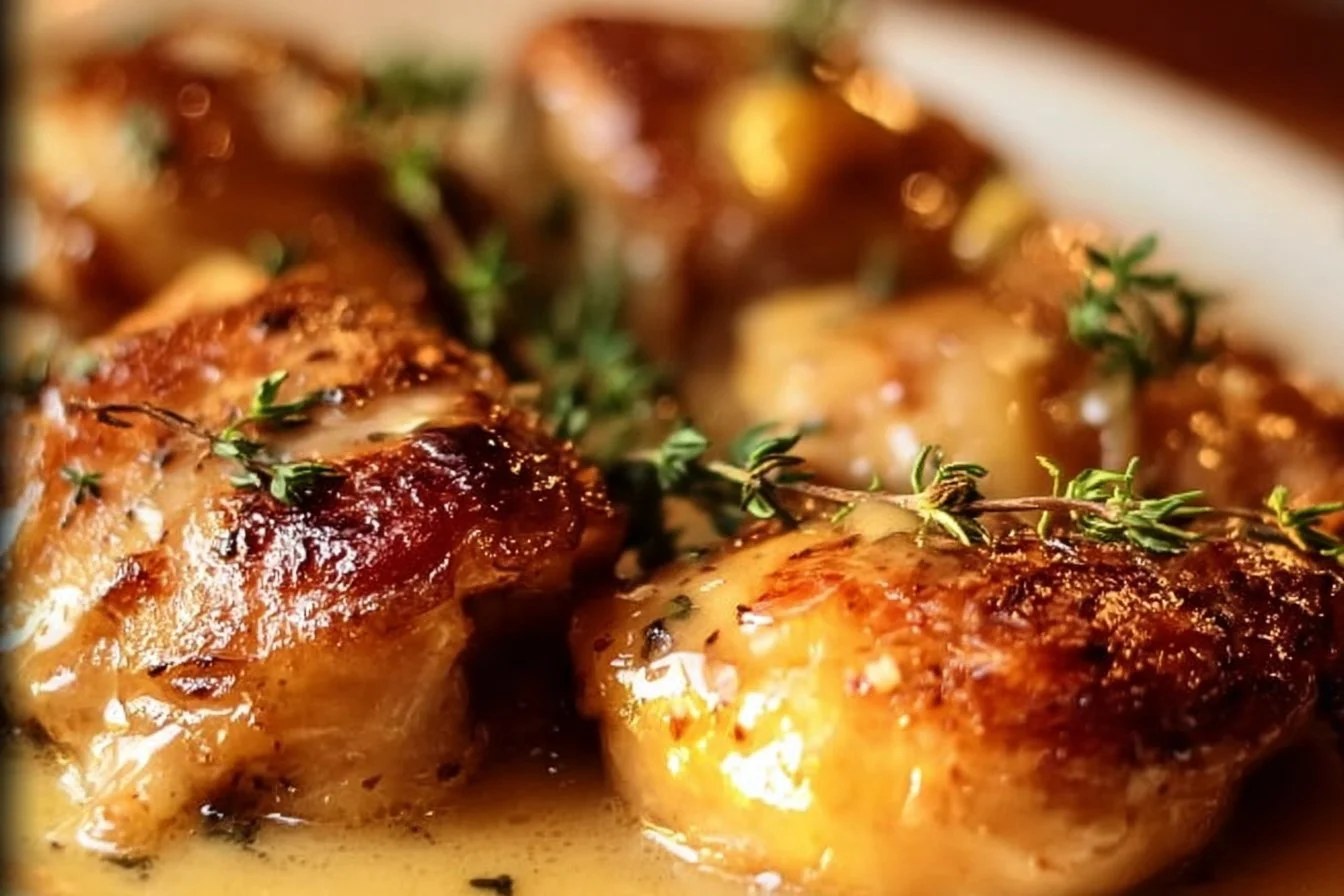 Creamy oven baked chicken thighs garnished and ready to serve