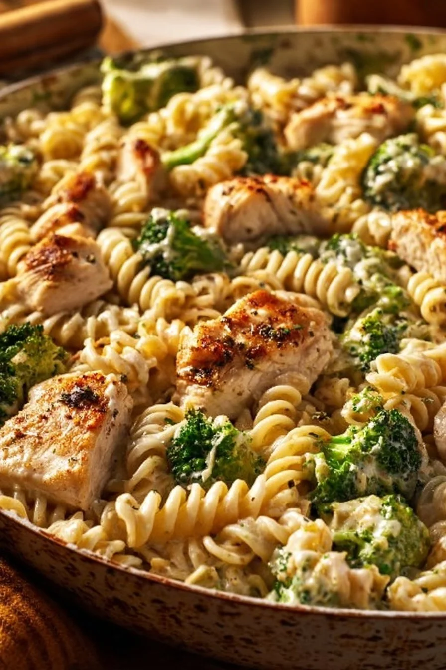 Creamy Rotisserie Chicken Broccoli Pasta 4 Creamy rotisserie chicken broccoli pasta in a bowl garnished with herbs