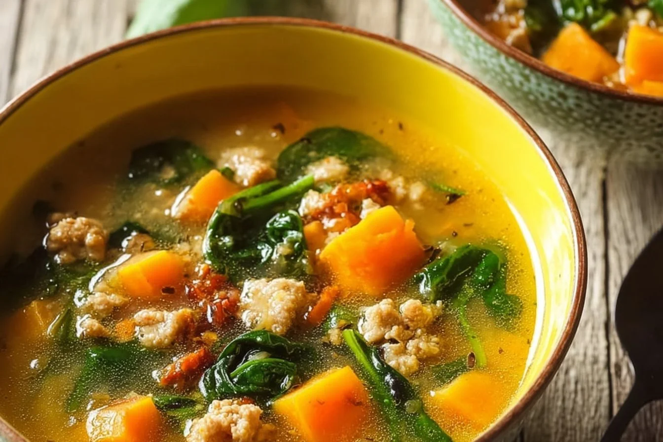 Bowl of creamy sweet potato and ground turkey soup garnished with herbs