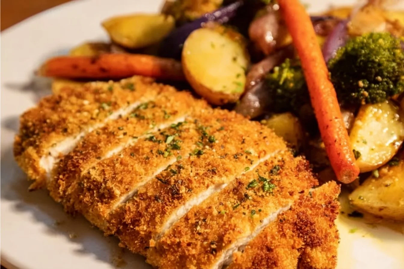 Crispy air fryer chicken cutlets served with a side of vegetables
