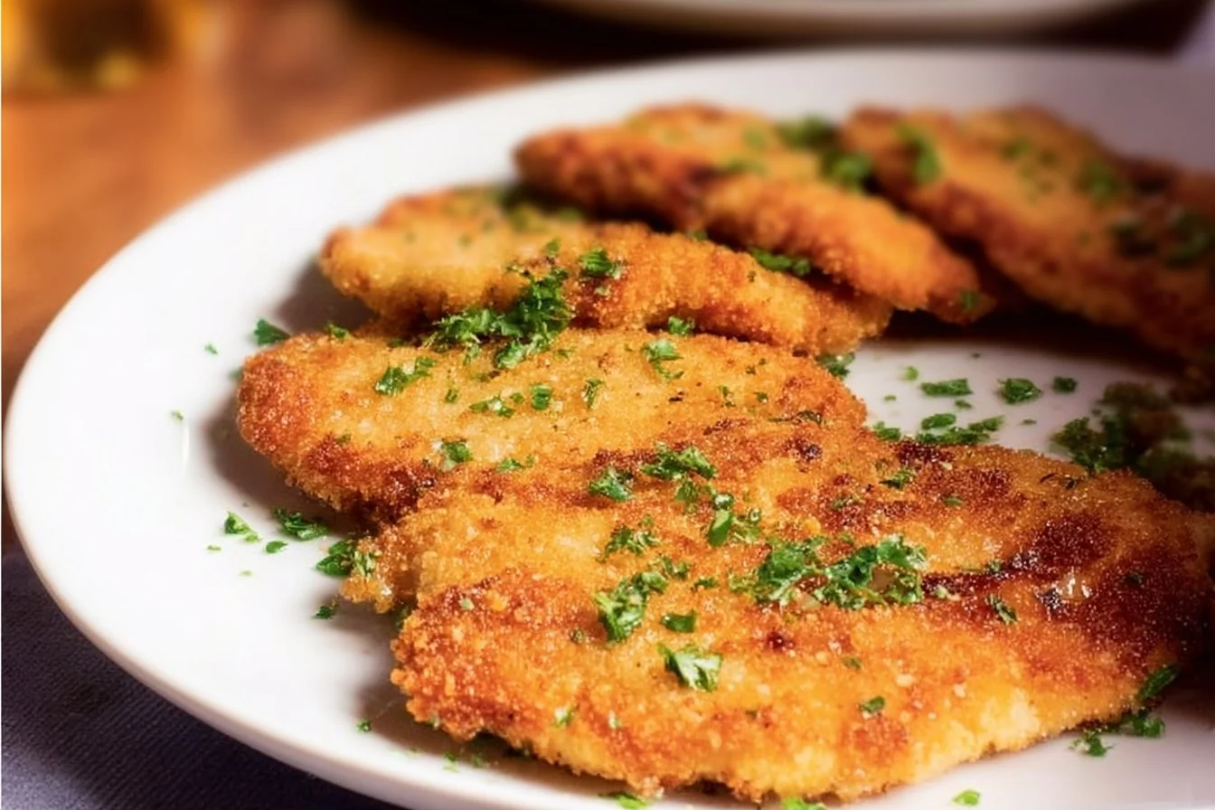 Crispy air fryer chicken cutlets on a plate garnished with herbs