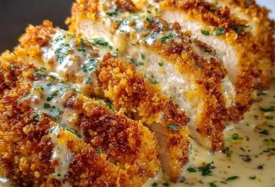 Crispy Parmesan Chicken with Creamy Garlic Sauce