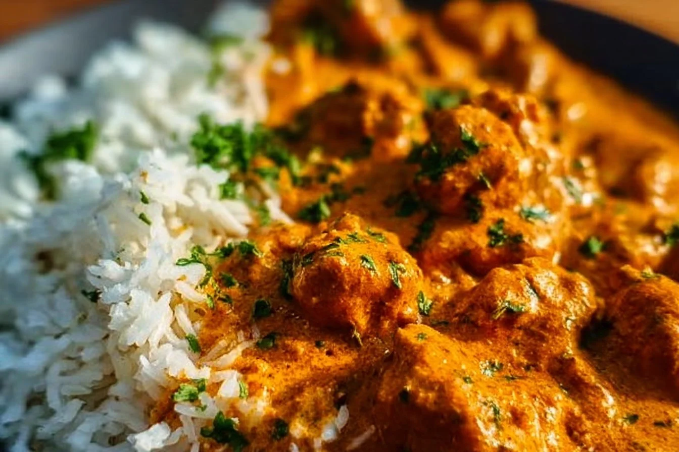 Delicious crockpot butter chicken served with rice.