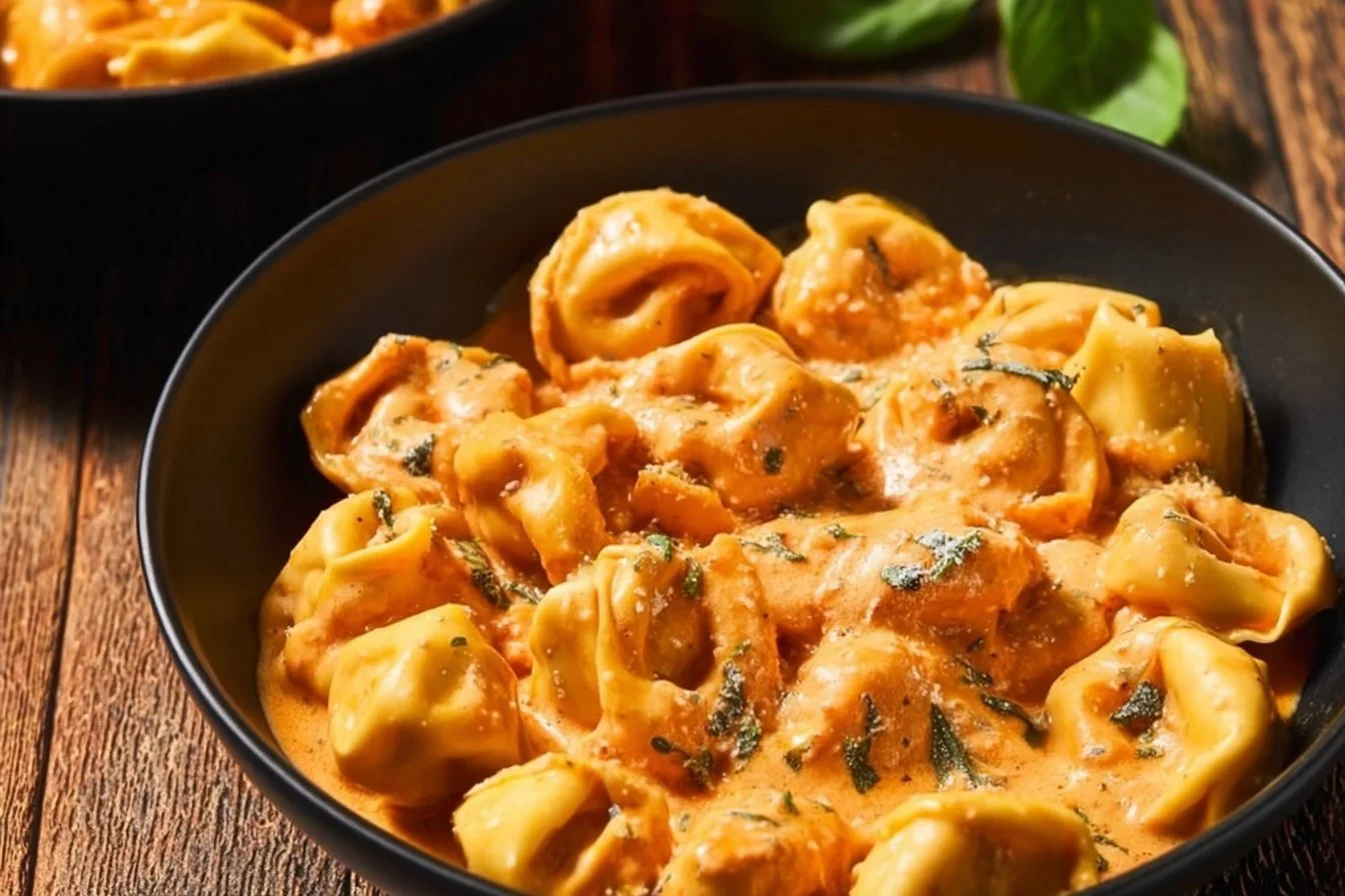 Delicious CrockPot Chicken Tortellini in a creamy sauce with fresh herbs