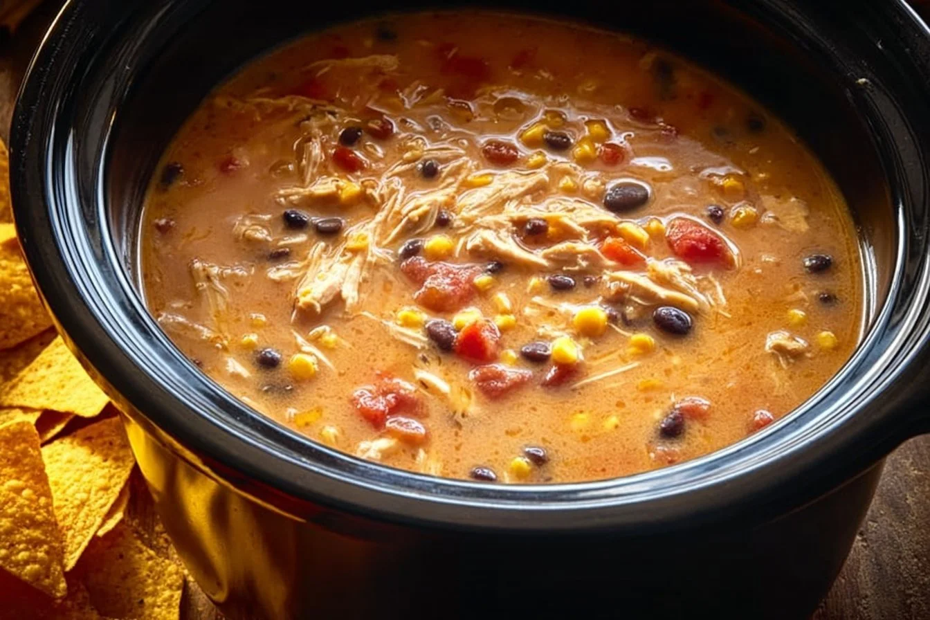 Bowl of Crockpot Chicken Tortilla Soup with fresh toppings