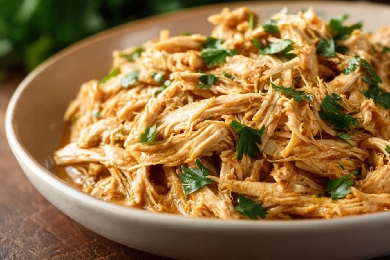 Crockpot shredded chicken in a bowl, perfect for sandwiches and salads.
