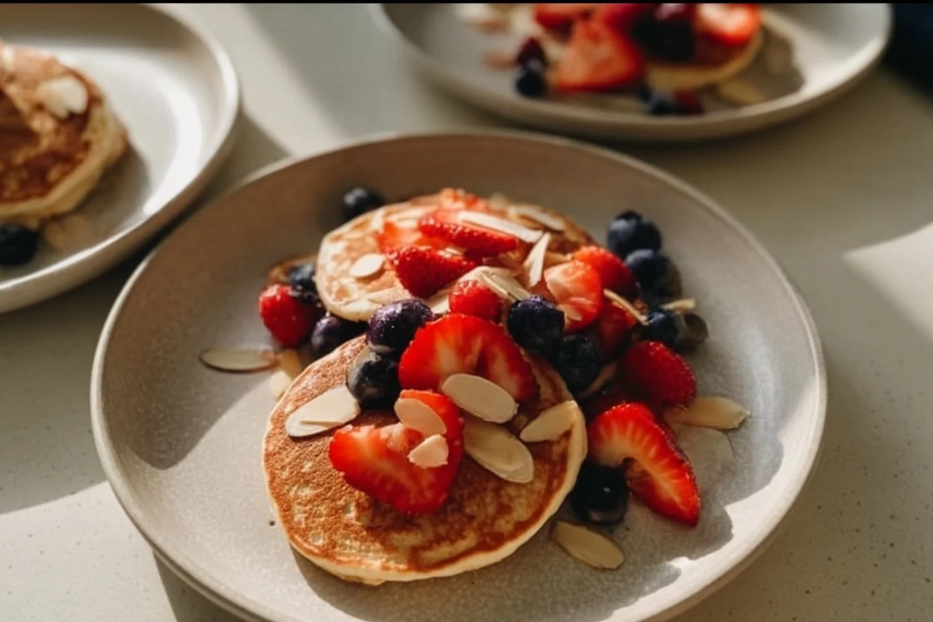 Delicious Pancakes with Berries and Almonds 5 Fluffy pancakes topped with fresh berries and sliced almonds on a plate