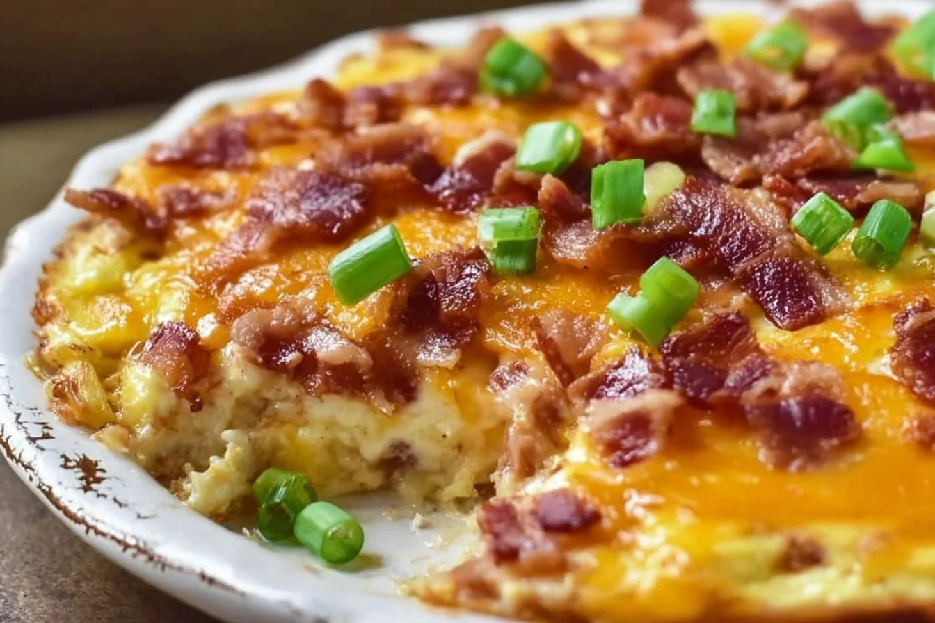 Easy bacon egg hashbrown casserole topped with cheese and herbs