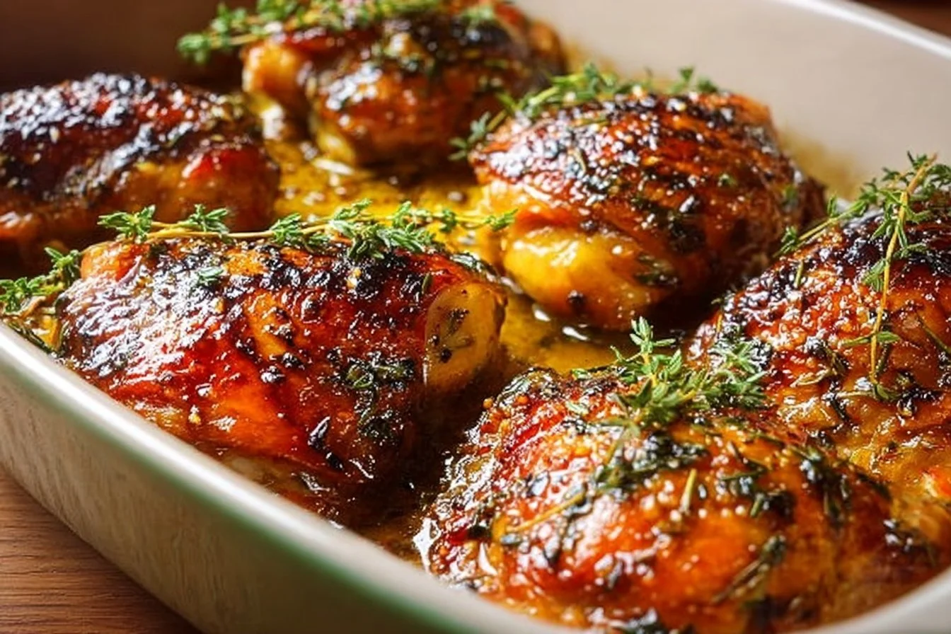Easy baked chicken thighs with herbs and spices ready to serve.