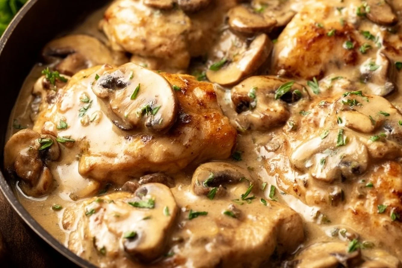 Plate of easy chicken in cream sauce garnished with herbs
