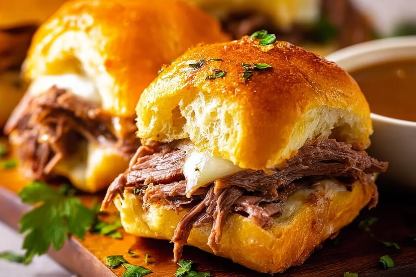 Plate of easy French Dip Sliders with au jus for dipping