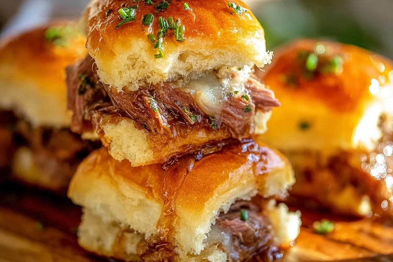 Delicious French Dip Sliders served with au jus for dipping.
