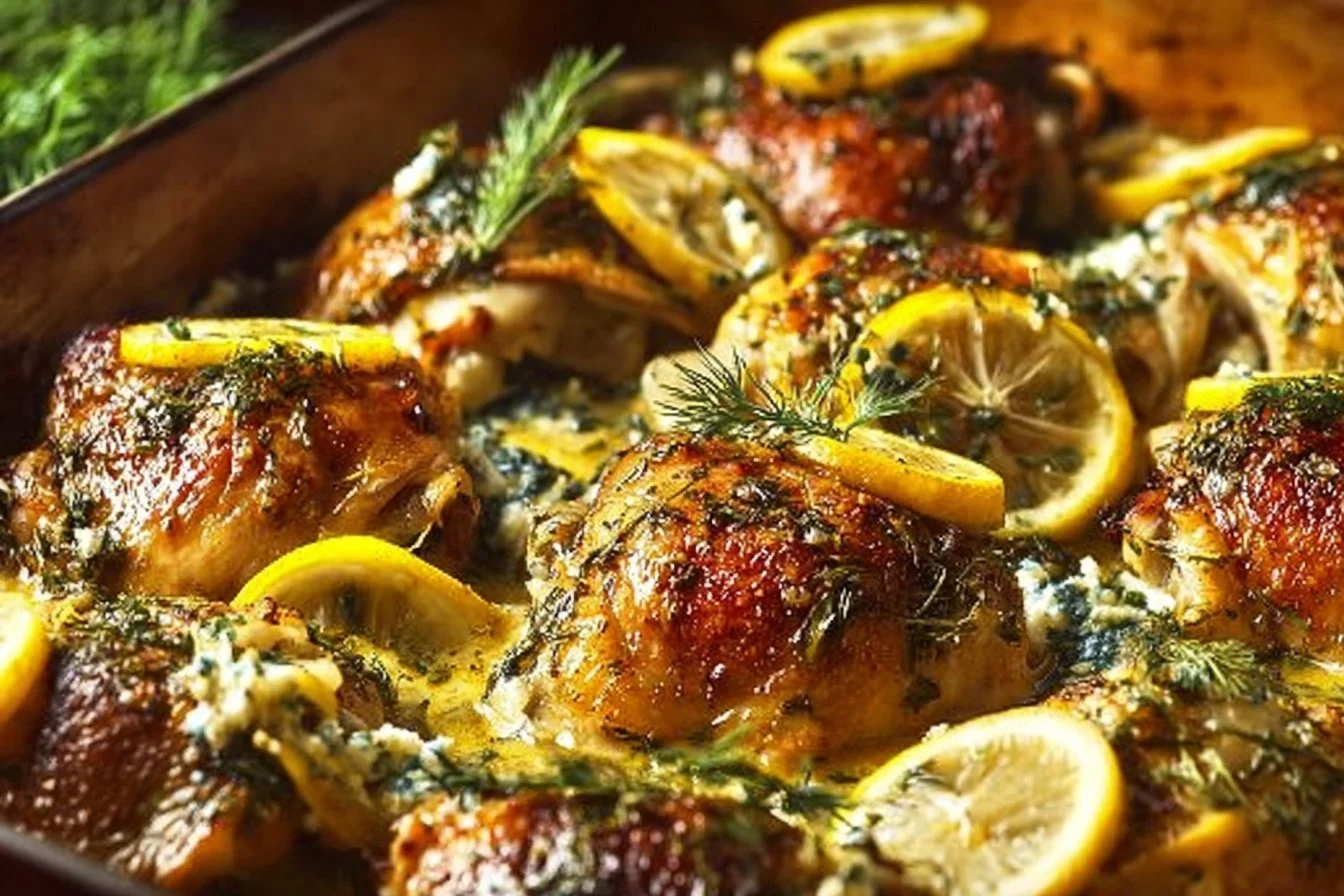 Juicy Greek lemon chicken thighs garnished with herbs on a plate.