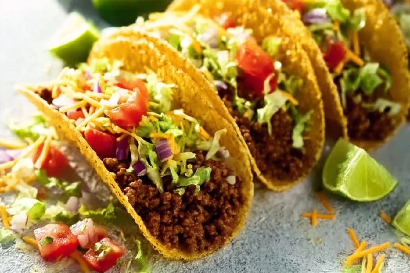 Easy ground beef tacos served on a plate with toppings
