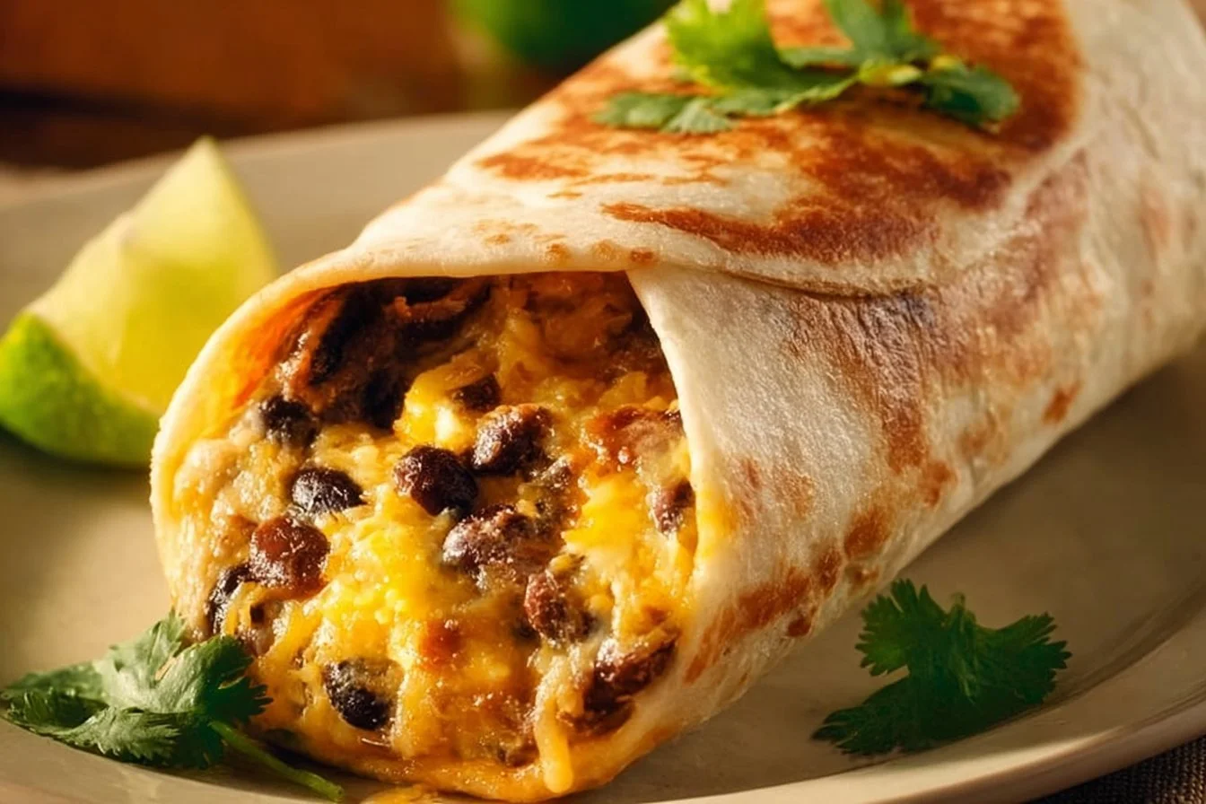 Easy high-protein breakfast burrito filled with eggs, beans, and vegetables