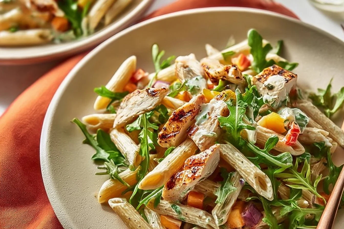 Easy high protein fall pasta salad with colorful vegetables and dressing
