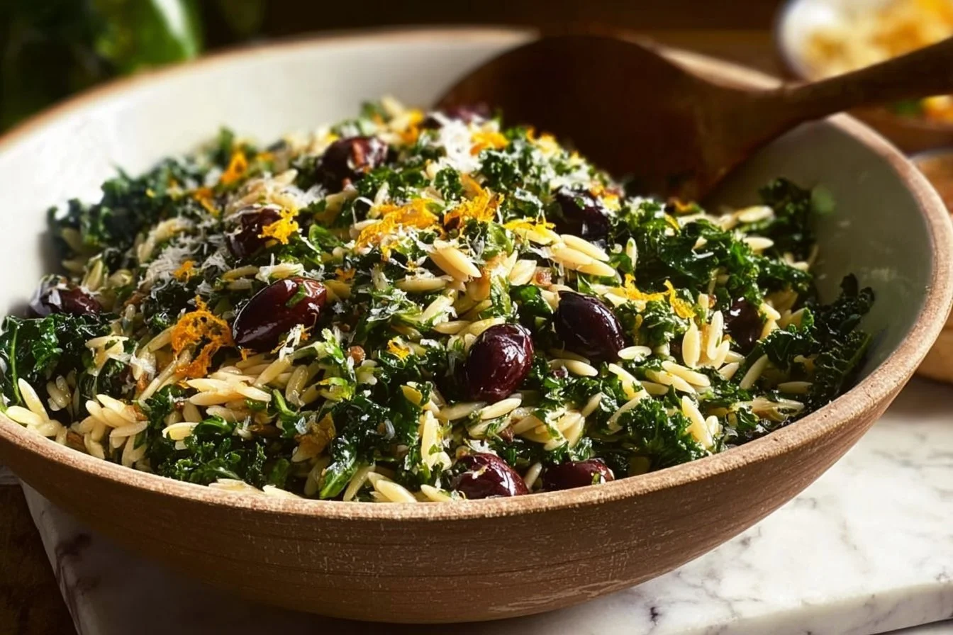 Easy orzo kale salad with lemon vinaigrette served in a bowl