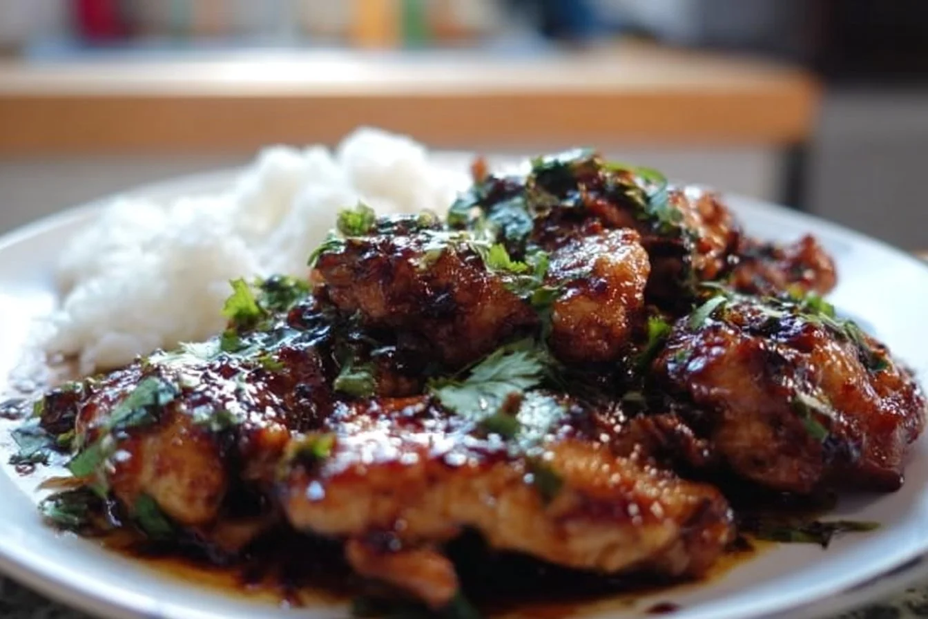 Delicious soy garlic chicken thighs served with garnish.