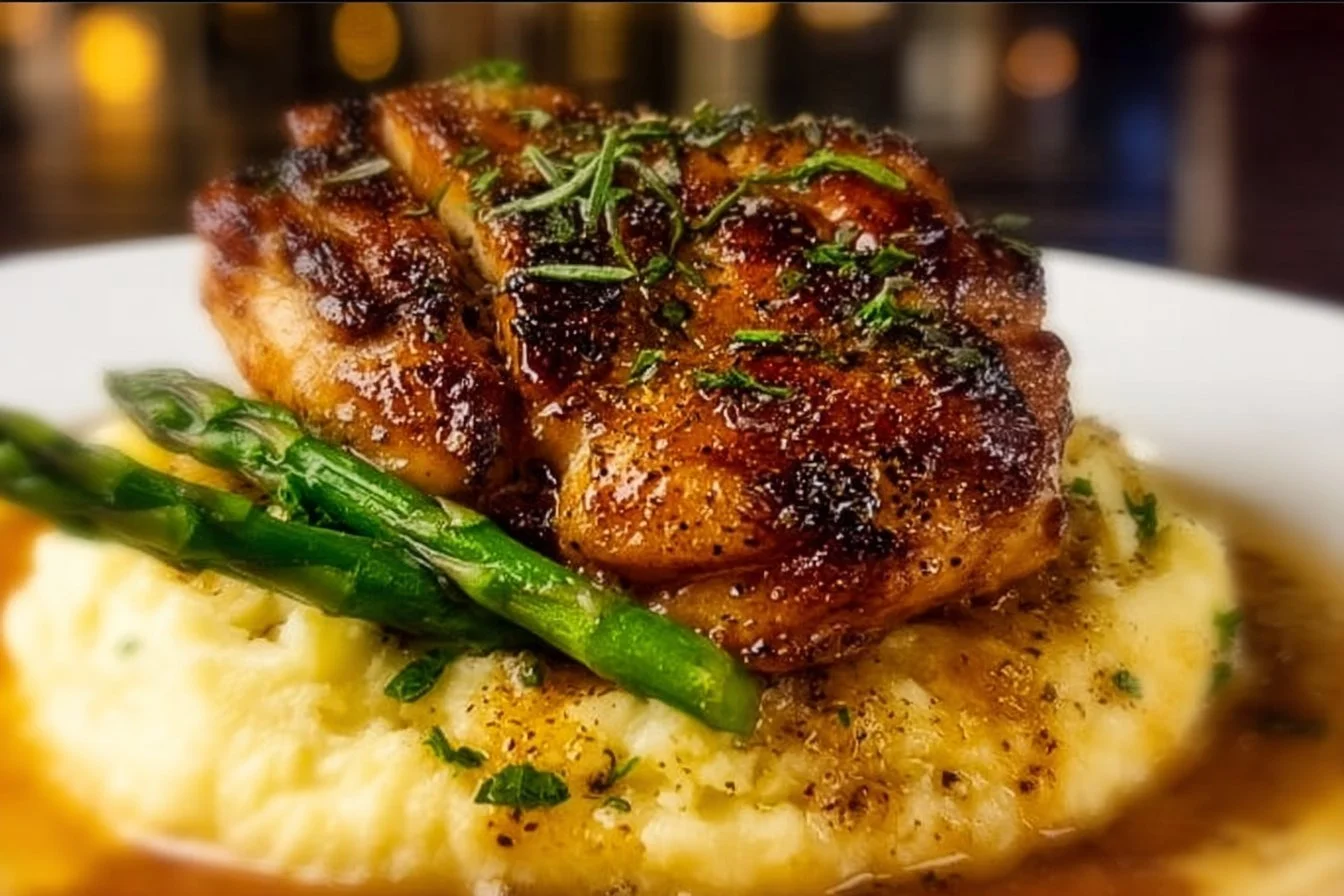 Festive copycat recipe for Morton’s Chicken served with sides