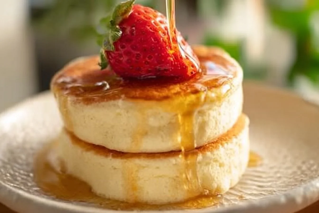 Fluffy Japanese Soufflé Pancakes 4 Fluffy Japanese soufflé pancakes topped with syrup and berries
