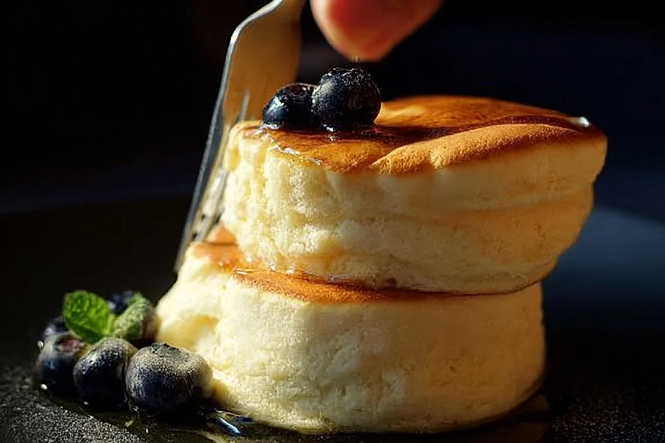 Fluffy Japanese soufflé pancakes stacked with syrup and berries