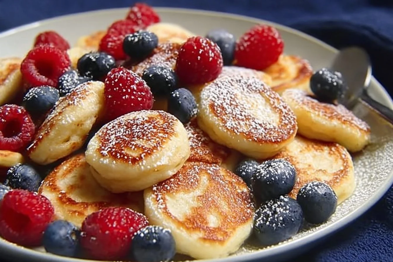 Fluffy mini pancakes stacked on a plate with syrup and fresh fruit