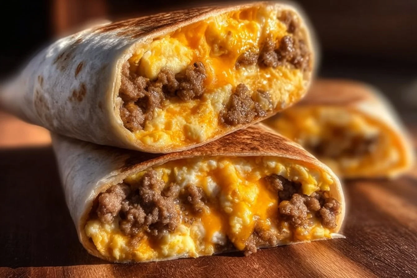 Delicious freezer breakfast burritos stacked on a plate