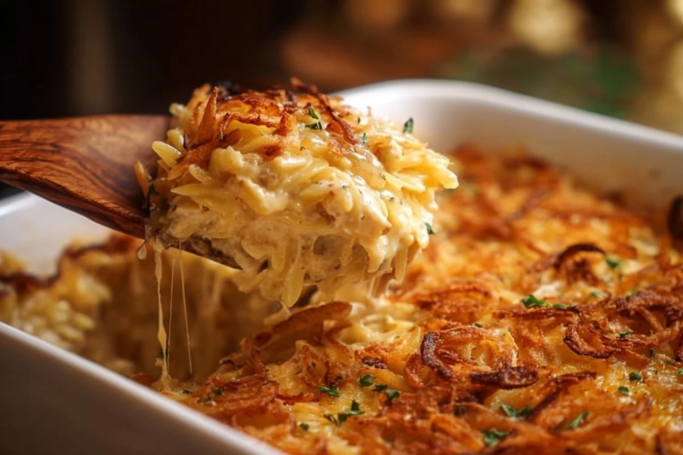 French Onion Chicken Orzo Casserole 1 Delicious French onion chicken orzo casserole topped with melted cheese.