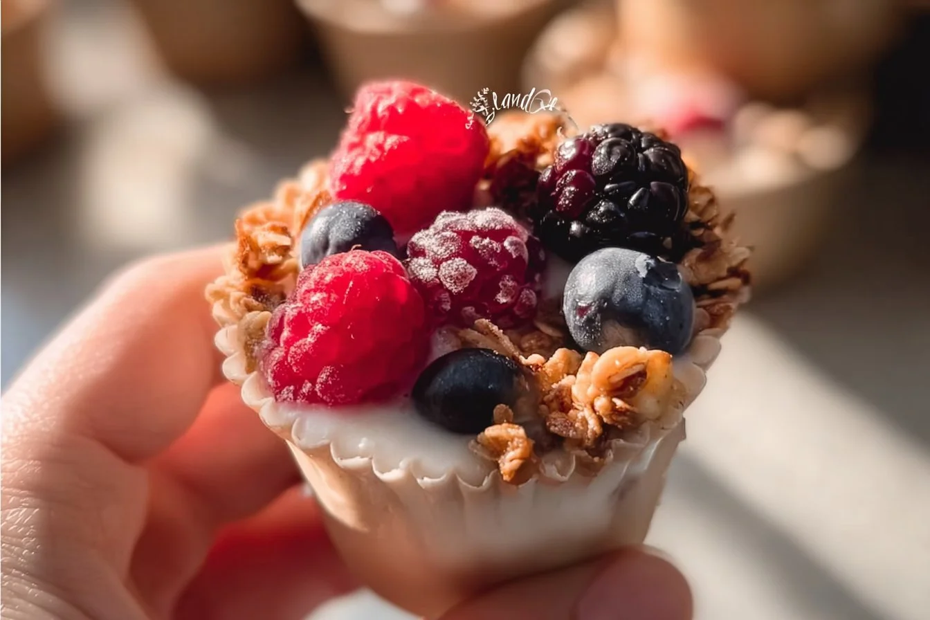 Frozen yogurt granola cups topped with fresh fruit and granola.